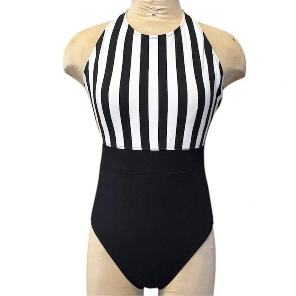 Newport News Vintage Swimsuit Black White Stripes One Piece 10 New